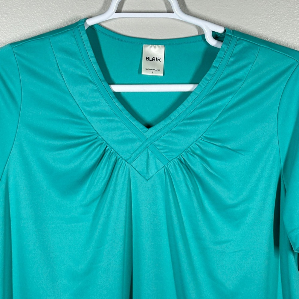 Blair Womens Teal V-Neck Short Sleeve Pleated Knit Top Size L BL7765140